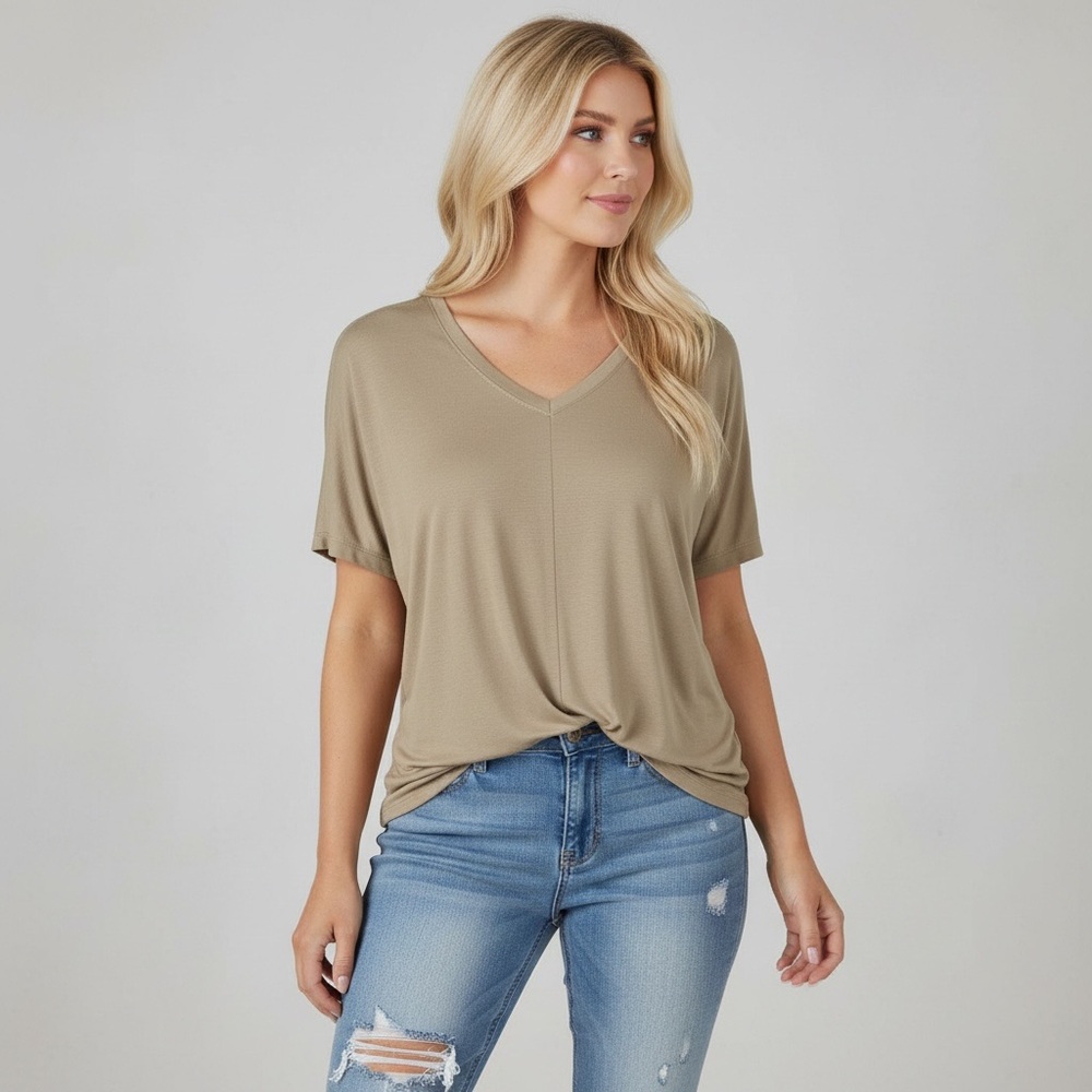 Double Zero Olive Green Oversized V-Neck Tee | Soft Relaxed Fit Short Sleeve Top